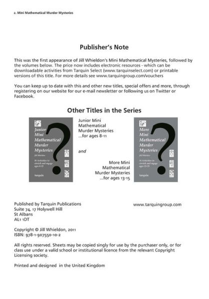 Mini Mathematical Murder Mysteries: A Collection of Blackline Masters for ages 11-14