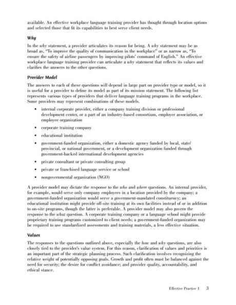 Effective Practices in Workplace Language Training: Guidelines for Providers of Workplace English Language Training Services