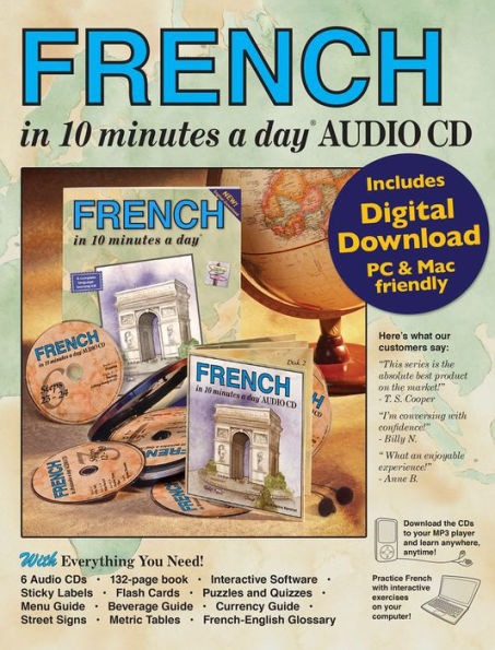 FRENCH in 10 minutes a day BOOK + AUDIO: Language course for beginning and advanced study. Includes Workbook, Flash Cards, Sticky Labels, Menu Guide, Software, Glossary, Phrase Guide, and Audio CDs. Grammar. Bilingual Books, Inc. (Publisher)