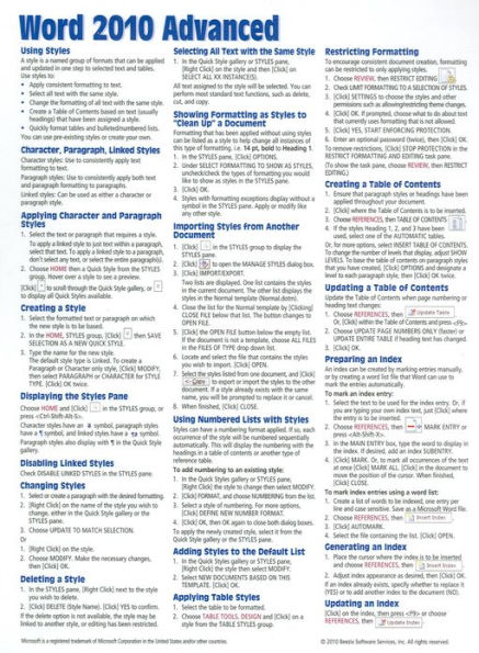 Microsoft Word 2010 Advanced Quick Reference Guide (Cheat Sheet of Instructions, Tips & Shortcuts - Laminated Card)