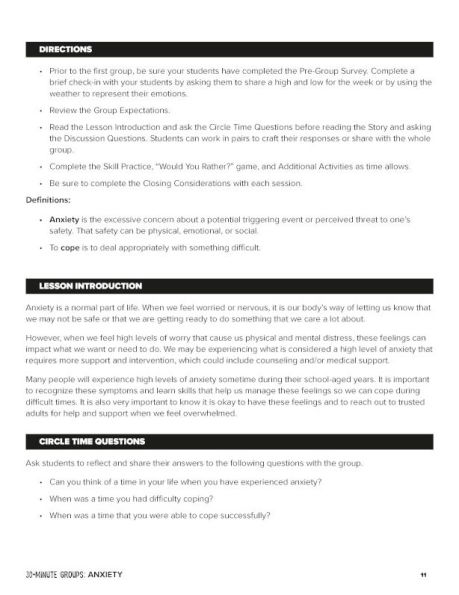 30-Minute Groups: Anxiety Management: Calming the Mind, Challenging Thoughts, and Building Confidence