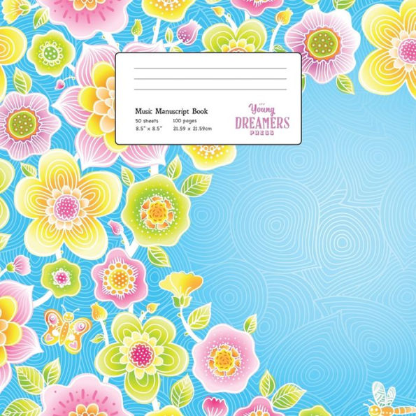 Music Manuscript Book: Floral Pattern on Blue, Large Kids Stave Paper