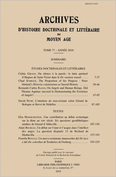 Archives d'Histoire litteraire et doctrinale du Moyen-Age LXXVII - 2010