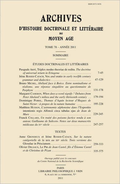 Archives d'Histoire litteraire et doctrinale du Moyen-Age LXXVIII - 2011