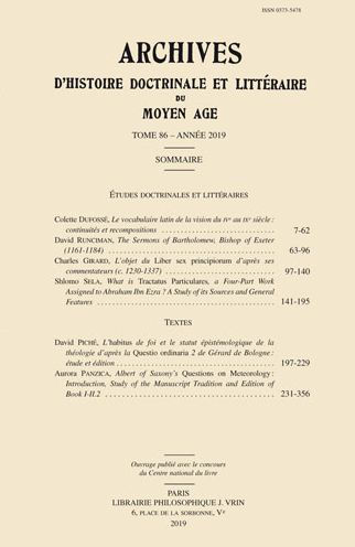 Archives d'Histoire litteraire et doctrinale du Moyen Age LXXXVI - 2019