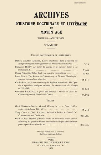 Archives d'histoire litteraire et doctrinale du moyen age lxxxviii - 2021