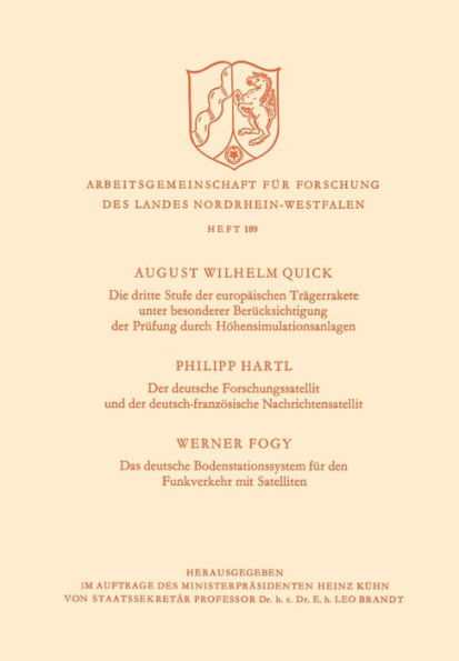 Die dritte Stufe der europäischen Trägerrakete unter besonderer Berücksichtigung der Prüfung durch Höhensimulationsanlagen. Der deutsche Forschungssatellit und der deutsch-französische Nachrichtensatellit. Das deutsche Bodenstationssystem für den Funkverk