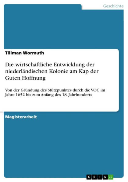 Die wirtschaftliche Entwicklung der niederländischen Kolonie am Kap der Guten Hoffnung: Von der Gründung des Stützpunktes durch die VOC im Jahre 1652 bis zum Anfang des 18. Jahrhunderts