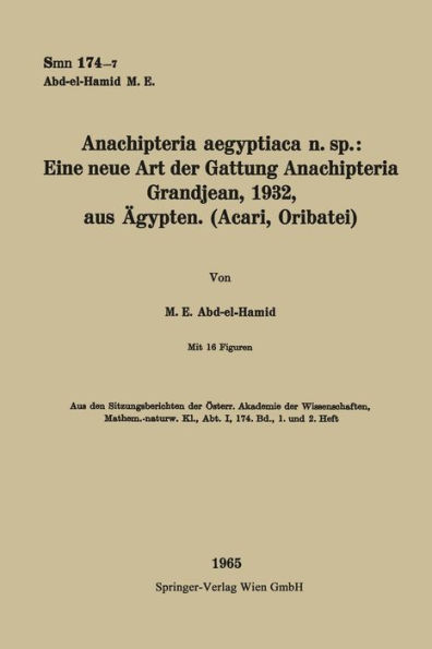 Anachipteria aegyptiaca n. sp.: Eine neue Art der Gattung Anachipteria Grandjean, 1932, aus ï¿½gypten. (Acari, Oribatei)