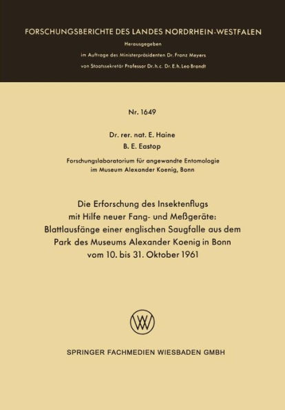 Die Erforschung des Insektenflugs mit Hilfe neuer Fang- und Messgeräte: Blattlausfänge einer englischen Saugfalle aus dem Park des Museums Alexander Koenig in Bonn vom 10. bis 31. Oktober 1961