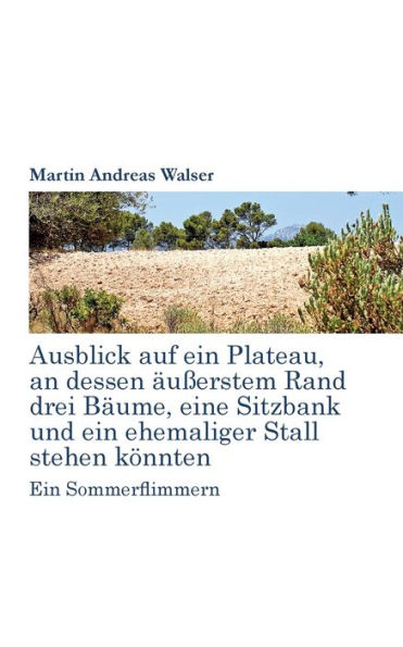 Ausblick auf ein Plateau, an dessen äussertem Rand drei Bäume, eine Sitzbank und ein ehemaliger Stall stehen könnten: Ein Sommerflimmern