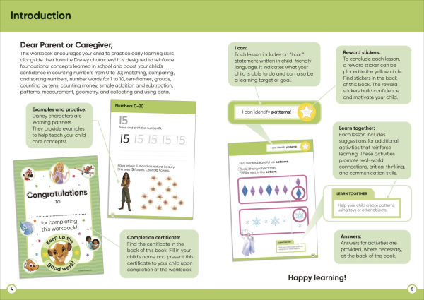 Disney Learning Math (Ages 5-6): Kindergarten Counting, Measuring, Add & Subtract Workbook for Kids, Curriculum-Based
