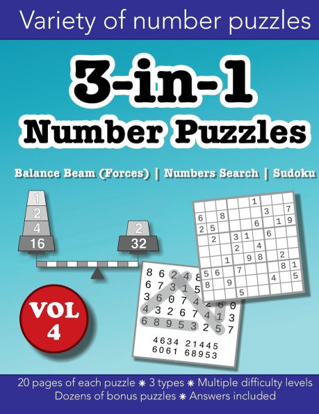 3-in-1 Number Puzzles Volume 4: Balance Beam (Forces), Numbers Search & Sudoku