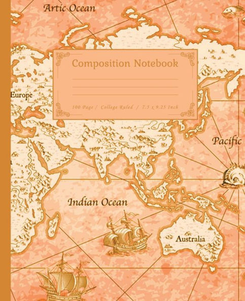 Composition Notebook: vintage world map 4 Background Composition Notebook, 7.5 x 9.25 inch, 100 Page:orange world map composition notebook college ruled