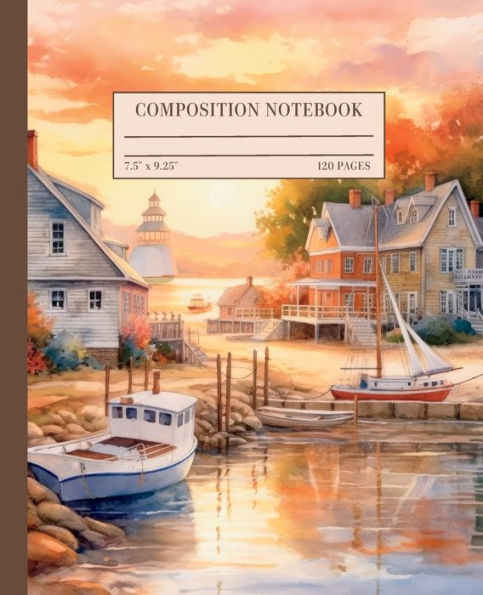Coastal Town in New England Watercolor Composition Notebook College Ruled