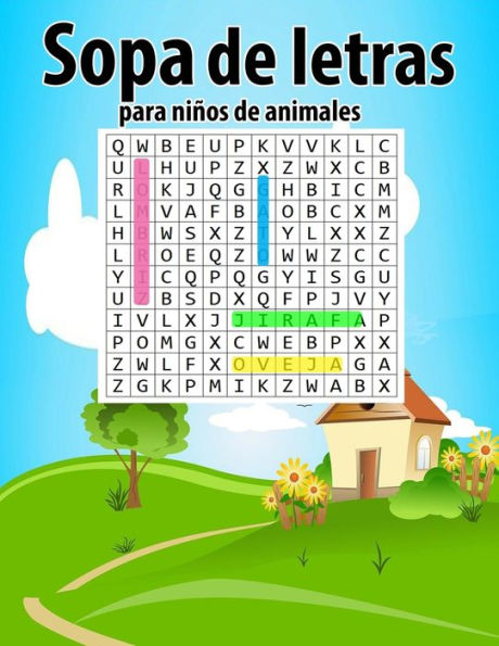 Sopa de letras para niños de animales: Perro,gato,vaca,cerdo,caballo,yegua,oveja,mono palabras básicas en español Sopa de letras para niños,juegos educativo