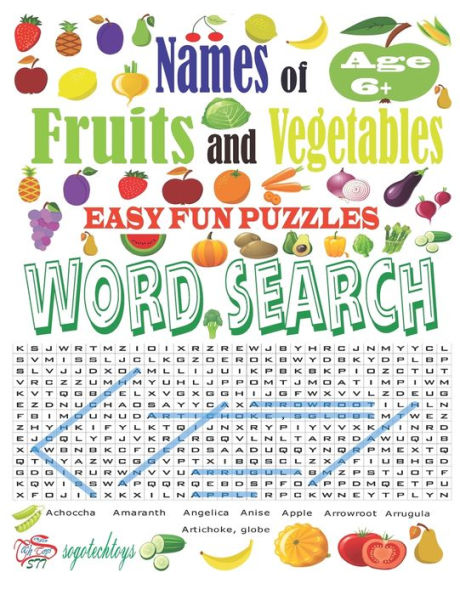 Names of Fruits and Vegetables Easy Fun Puzzles Word Search: A word search puzzle, consisting of letters of Fruits and Vegetables names. Letters are arranged in a grid, which contains a number of hidden words written in various directions.