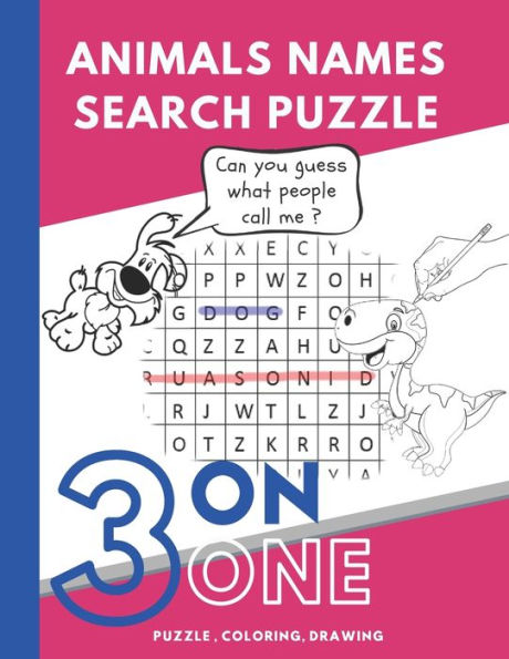 Animals Names Search Puzzle: 3 on 1 Coloring, Drawing and Puzzle, Activity book for kids, 42 pages 8.5" * 11"