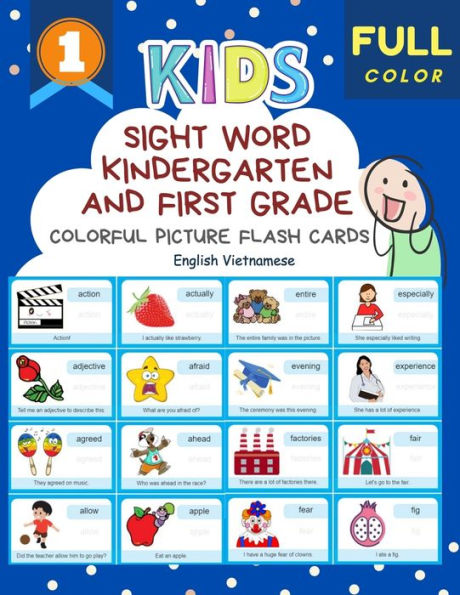 Sight Word Kindergarten and First Grade Colorful Picture Flash Cards English Vietnamese: Learning to read basic vocabulary card games. Improve reading comprehension with short sentences kids books for kindergarteners