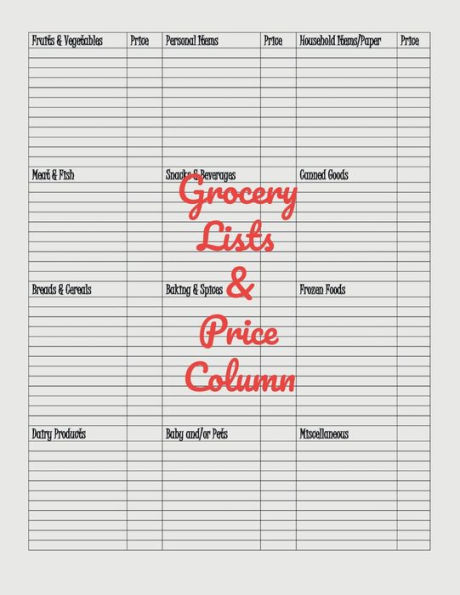 Grocery Lists With Price Column Workbook