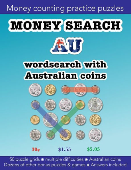 Money search AU wordsearch with Australian coins: Education resources by Bounce Learning Kids