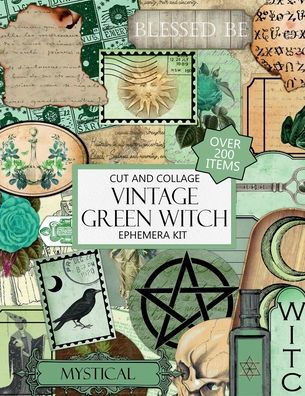 Vintage Green Witch Cut and Collage Ephemera Kit