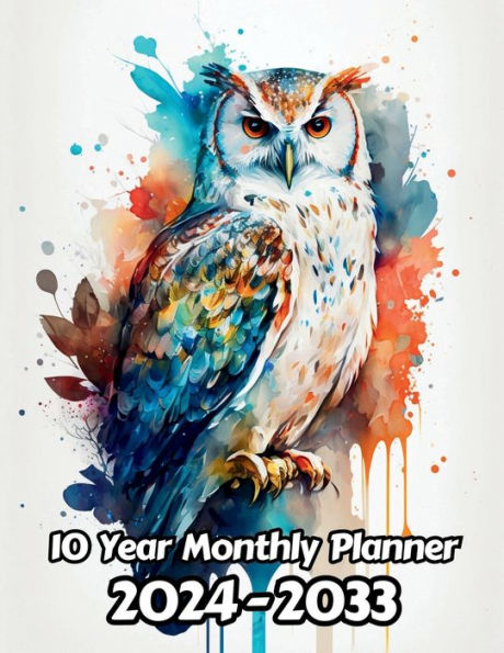 Watercolor Owl 10 Year Monthly Planner v4: Large 120 Month Planner Gift For People Who Love Birds, Birds of Pray Lovers 8.5 x 11 Inches 242 Pages