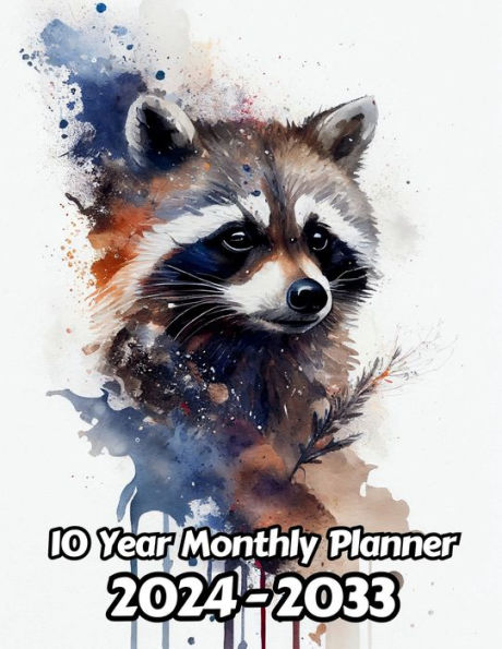 Watercolor Raccoon 10 Year Monthly Planner v1: Large 120 Month Planner Gift For People Who Love Woodland Animals, Animal Lovers 8.5 x 11 Inches 242 Pages