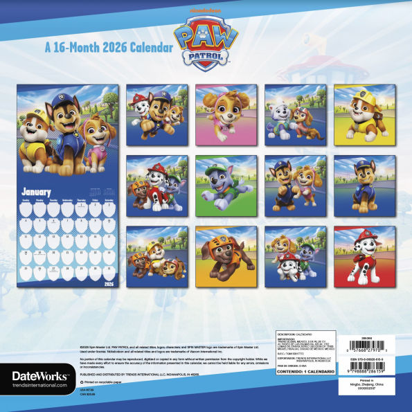 2026 Paw Patrol Wall Calendar