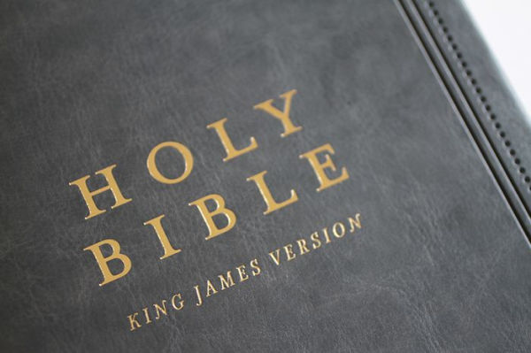 KJV Holy Bible, Giant Print Thinline Large format, Gray Premium Imitation Leathe r with Ribbon Marker, Red Letter, and Thumb Index