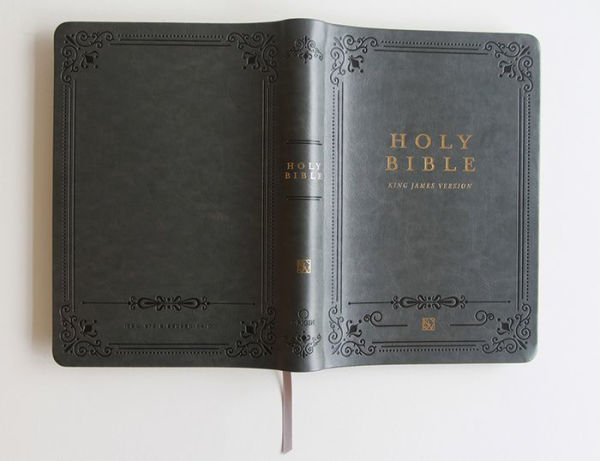 KJV Holy Bible, Giant Print Thinline Large format, Gray Premium Imitation Leathe r with Ribbon Marker, Red Letter, and Thumb Index