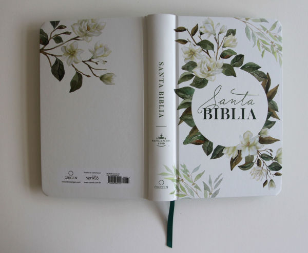 Biblia RVR 1960 letra grande tamaño manual, tapa dura con flores blancas y cantos pintados / Spanish Bible RVR 1960 Handy Size white flowers sprayed edges