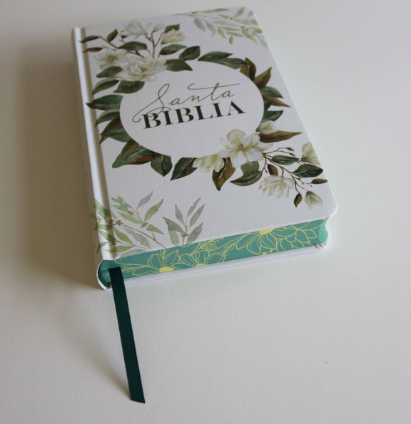 Biblia RVR 1960 letra grande tamaño manual, tapa dura con flores blancas y cantos pintados / Spanish Bible RVR 1960 Handy Size white flowers sprayed edges