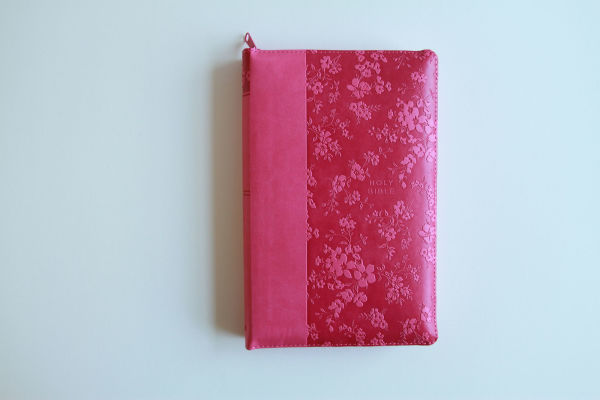 KJV Holy Bible, Large Print Handy Size, Fuchsia Premium Imitation Leather w/Ribbon Marker, Red Letter, Zipper