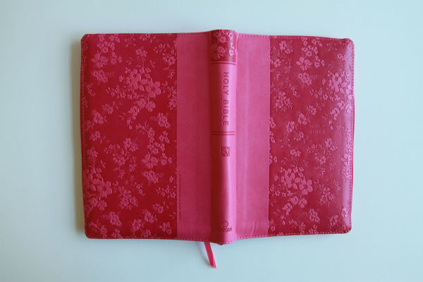KJV Holy Bible, Large Print Handy Size, Fuchsia Premium Imitation Leather w/Ribbon Marker, Red Letter, Zipper