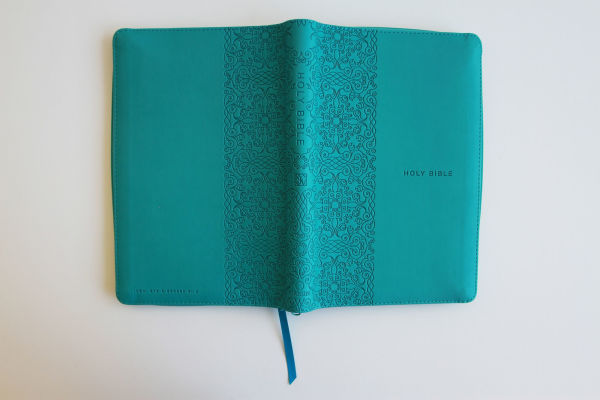 KJV Holy Bible, Large Print Handy Size, Aquamarine Premium Imitation Leather w/Ribbon Marker, Red Letter, Zipper