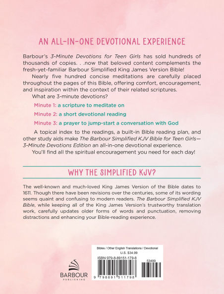The Barbour Simplified KJV Bible for Teen Girls-3-Minute Devotions Edition